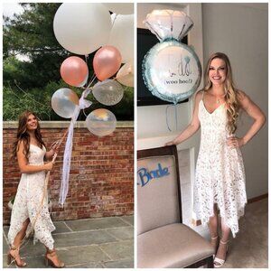 Lulus "One Wish" White Eyelash Lace Asymmetrical Midi Wedding Dress w/ Straps S